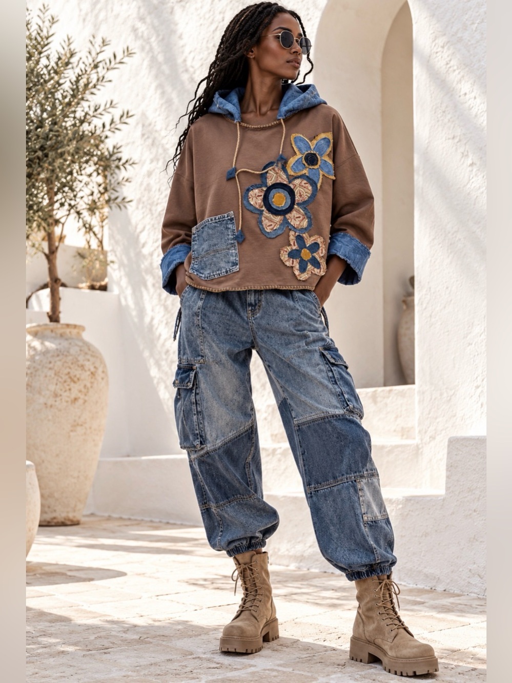 OOAK Handmade Upcycled Hoodie L/XL Eco Dyed Cotton Denim Patchwork Boho Floral - Picture 6 of 13